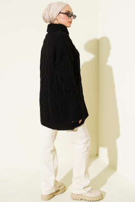 Boğazlı Örgü Kabartmalı Triko Tunik Siyah - Tunik