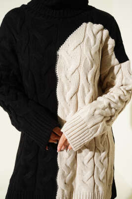 Boğazlı Örgü Kabartmalı Triko Tunik Siyah - Tunik