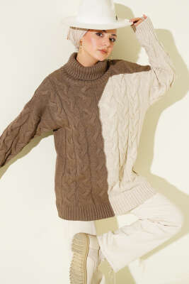 Boğazlı Örgü Kabartmalı Triko Tunik Vizon - RAFİMİX