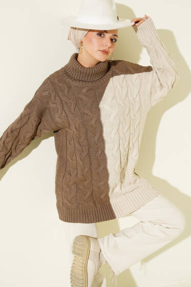 Boğazlı Örgü Kabartmalı Triko Tunik Vizon - Tunik