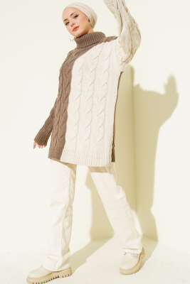 Boğazlı Örgü Kabartmalı Triko Tunik Vizon - Tunik