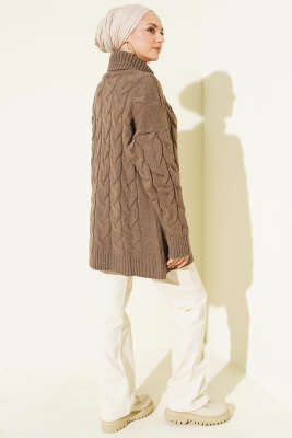 Boğazlı Örgü Kabartmalı Triko Tunik Vizon - Tunik