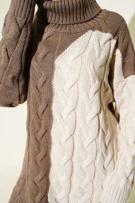 Boğazlı Örgü Kabartmalı Triko Tunik Vizon - Tunik