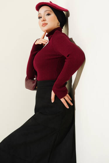 Boğazlı Parmak Geçirmeli Triko Kazak Bordo - Triko Kazak