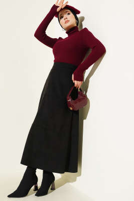 Boğazlı Parmak Geçirmeli Triko Kazak Bordo - Triko Kazak