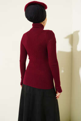 Boğazlı Parmak Geçirmeli Triko Kazak Bordo - Triko Kazak