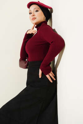 Boğazlı Parmak Geçirmeli Triko Kazak Bordo 