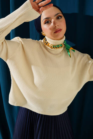 Boğazlı Salaş Fitilli Triko Kazak Bej - Triko Kazak