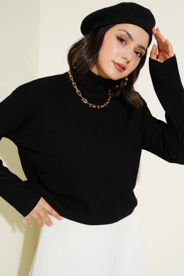 Boğazlı Salaş Fitilli Triko Kazak Siyah - Triko Kazak