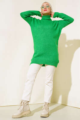 Boğazlı Triko Elbise Yeşil - Thumbnail