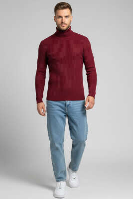 Boğazlı Triko Erkek Kazak Bordo - Erkek Kazak