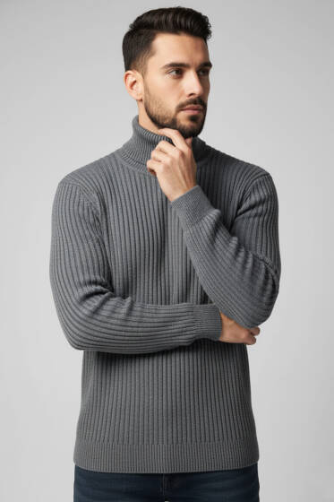 Boğazlı Triko Erkek Kazak Füme - Erkek Kazak