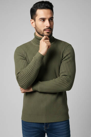 Boğazlı Triko Erkek Kazak Haki - Erkek Kazak