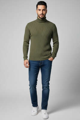 Boğazlı Triko Erkek Kazak Haki - Erkek Kazak