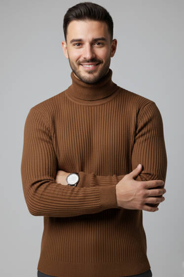 Boğazlı Triko Erkek Kazak Kahve - Erkek Kazak