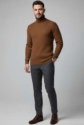 Boğazlı Triko Erkek Kazak Kahve - Erkek Kazak