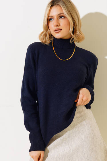 Boğazlı Triko Kazak Lacivert - Kadın Giyim Modelleri