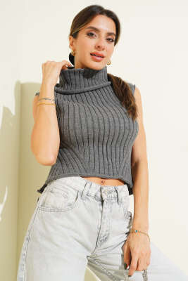 Boğazlı Triko Süveter Füme - Kadın Giyim Modelleri