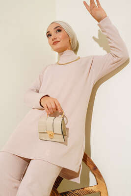 Boğazlı Yırtmaçlı İkili Takım Bej - İKİLİ TAKIM