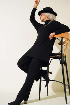 Boğazlı Yırtmaçlı İkili Takım Siyah 