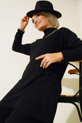 Boğazlı Yırtmaçlı İkili Takım Siyah - İKİLİ TAKIM