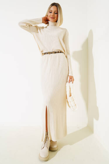 Boğazlı Yırtmaçlı Triko İkili Takım Bej - Triko