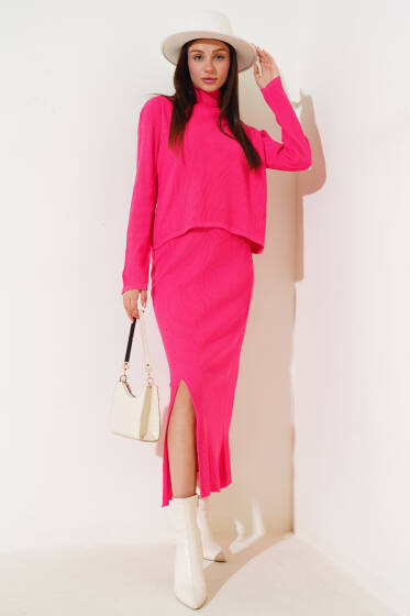 Boğazlı Yırtmaçlı Triko İkili Takım Fuşya - Triko