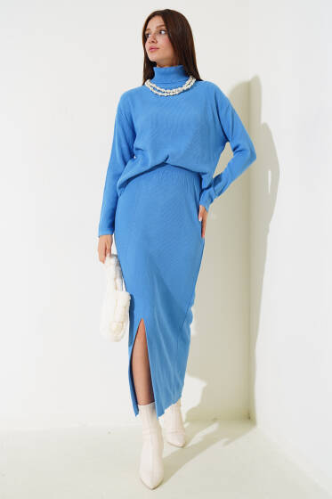 Boğazlı Yırtmaçlı Triko İkili Takım İndigo - Triko