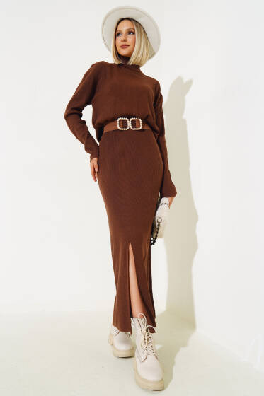 Boğazlı Yırtmaçlı Triko İkili Takım Kahve - Triko