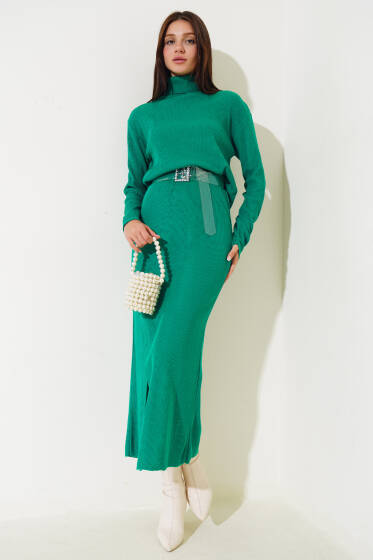 Boğazlı Yırtmaçlı Triko İkili Takım Zümrüt - Triko