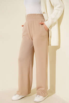 Bol Paça Geniş Bel Lastikli Pantolon Bej - Günün Seçilenleri