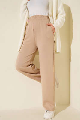 Bol Paça Geniş Bel Lastikli Pantolon Bej - ELFİDA TEKSTİL