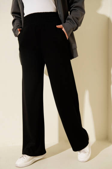 Bol Paça Geniş Bel Lastikli Pantolon Siyah - Günün Seçilenleri