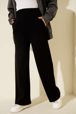 Bol Paça Geniş Bel Lastikli Pantolon Siyah 