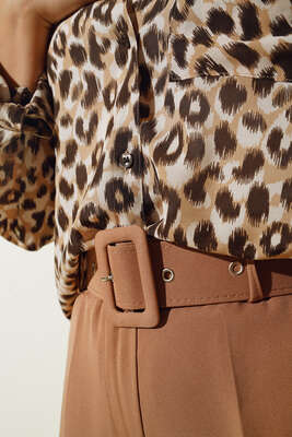 Bol Paça Kemerli Kumaş Pantolon Camel - Pantolon