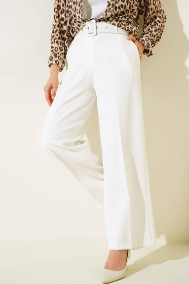 Bol Paça Kemerli Kumaş Pantolon Ekru - Pantolon