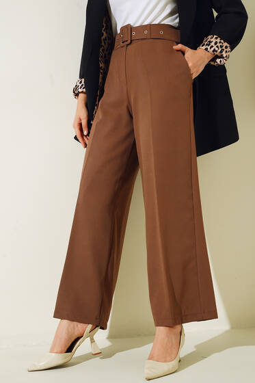 Bol Paça Kemerli Kumaş Pantolon Kahve - Pantolon
