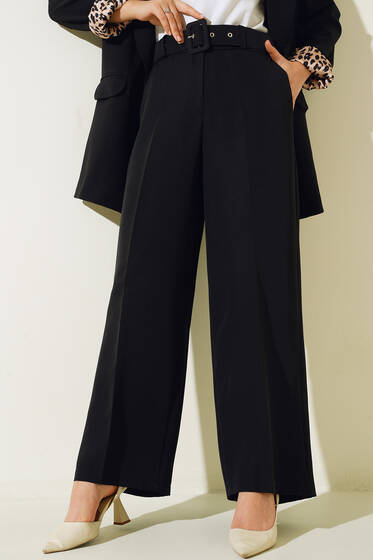 Bol Paça Kemerli Kumaş Pantolon Siyah - Pantolon