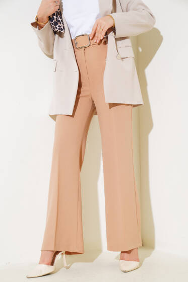 Bol Paça Kemerli Salaş Pantolon Latte - Pantolon