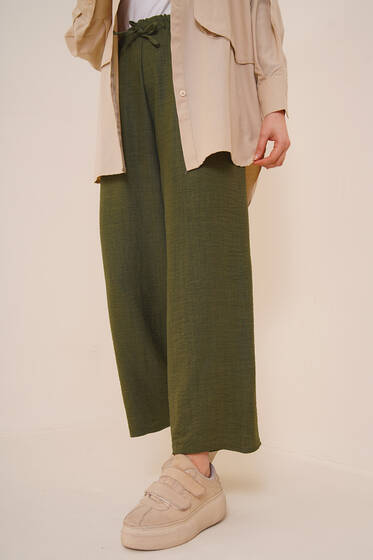 Bol Paça Keten Pantolon Haki - Pantolon