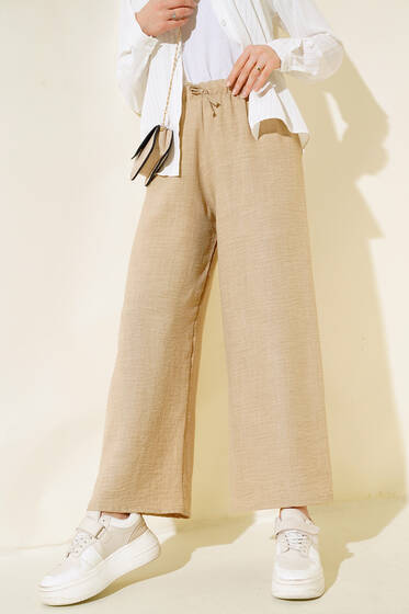 Bol Paça Keten Pantolon Taş - Pantolon