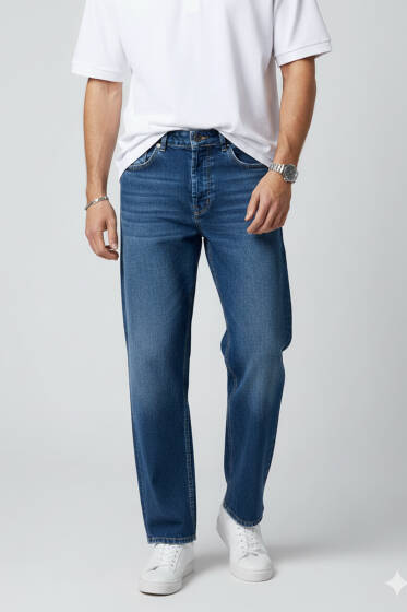 Bol Paça Kot Erkek Pantolon Mavi - Erkek Jean