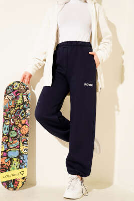 Bol Paça Lastikli Üç İplikli Pantolon Lacivert - Pantolon