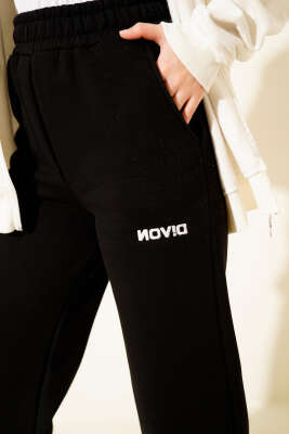 Bol Paça Lastikli Üç İplikli Pantolon Siyah - Pantolon