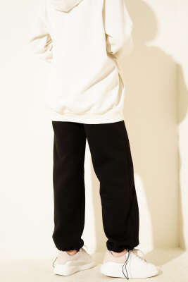 Bol Paça Lastikli Üç İplikli Pantolon Siyah - Pantolon