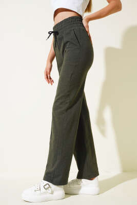 Bol Paça Önü Çımalı Pantolon Haki - Kadın Giyim Modelleri