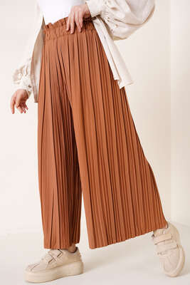 Bol Paça Piliseli Pantolon Taba - Pantolon