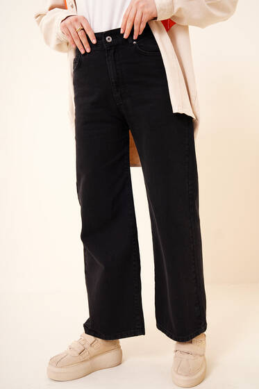 Bol Paça Siyah Jean Pantolon - Kot Pantolon