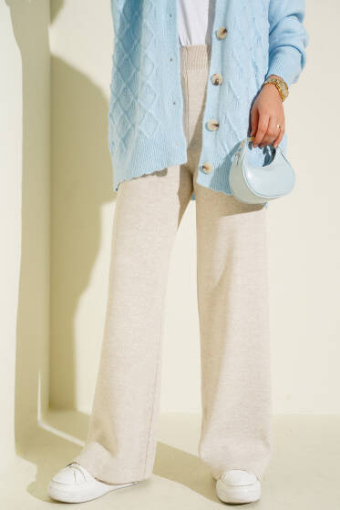 Bol Paça Triko Pantolon Bej - Yılın Fırsatı