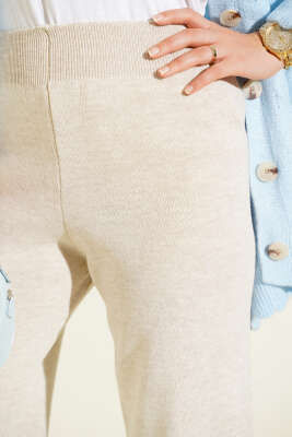 Bol Paça Triko Pantolon Bej - Yılın Fırsatı